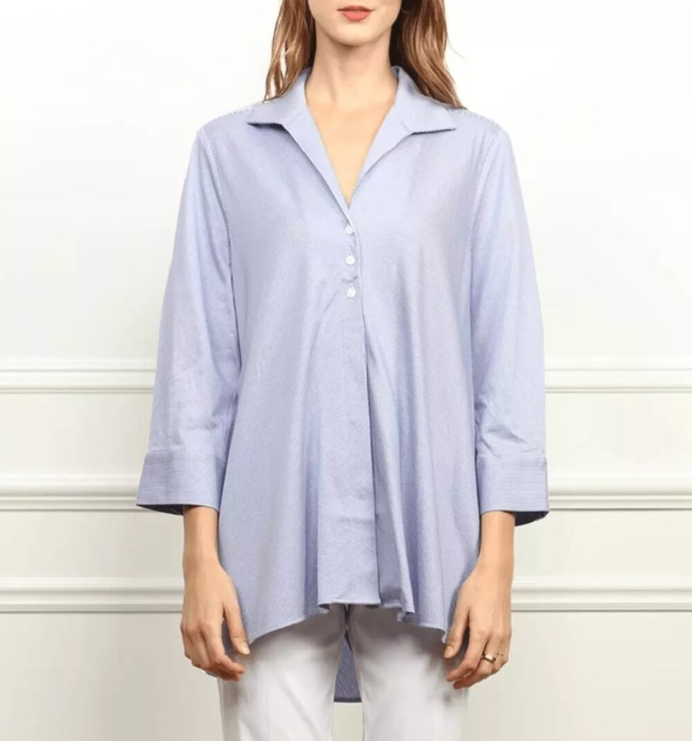 Hinson Wu Betty Tunic Top Lavender Cotton Blend 3/4 Sleeve Button Collared Sz 10